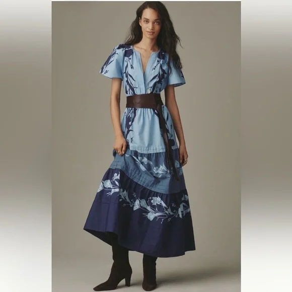 Anthropologie Somerset Blue Floral Tiered Maxi Dress NWT M Boho Viral Spring - Picture 4 of 10